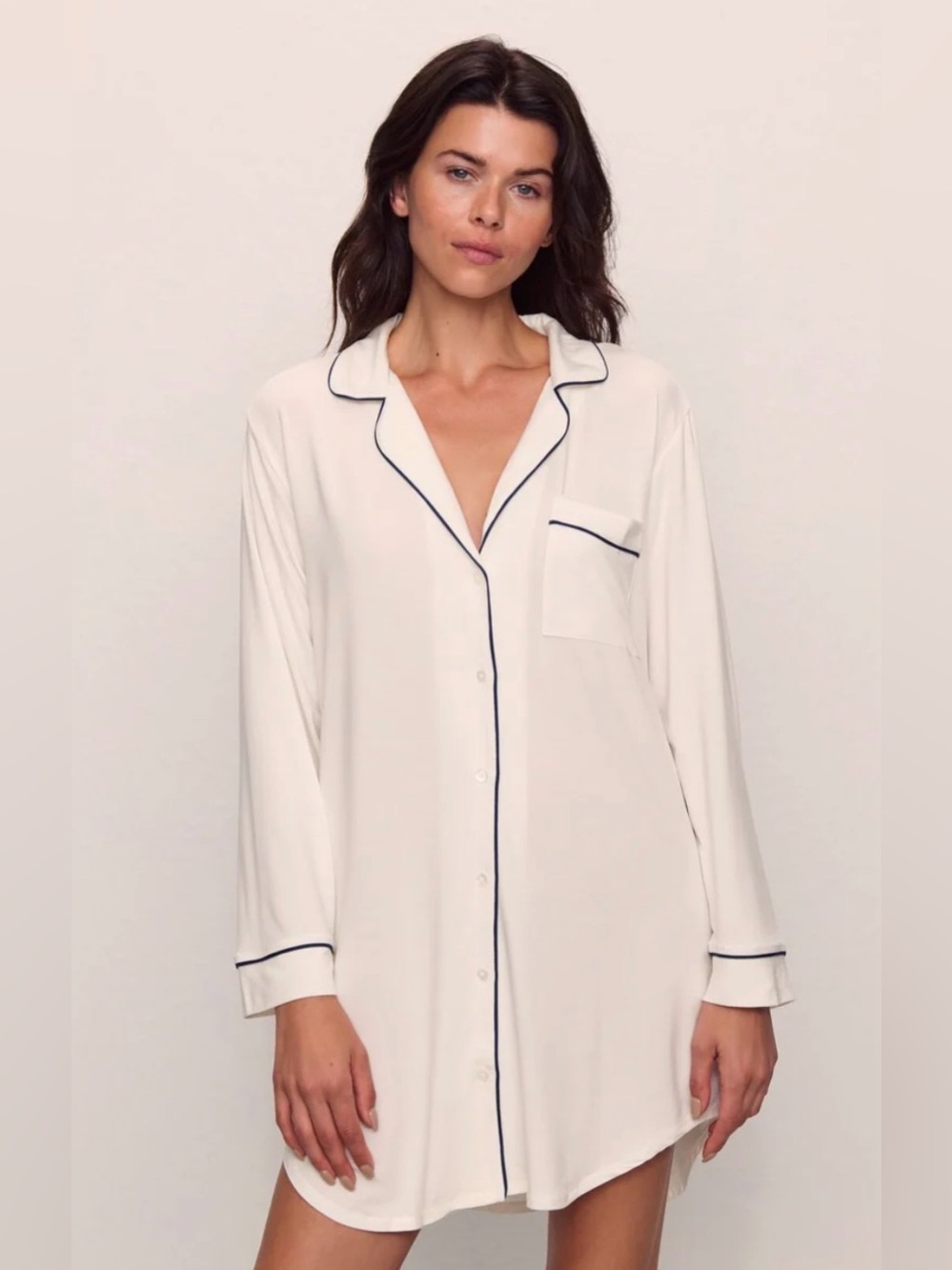 Eberjey Cream Long-Sleeve Button Nightshirt with Navy Piping